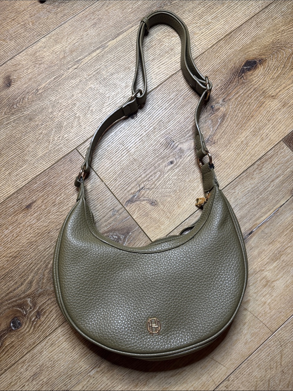 House of Harlow Pebbled Olive Crescent Shoulder Bag with Gold Accent